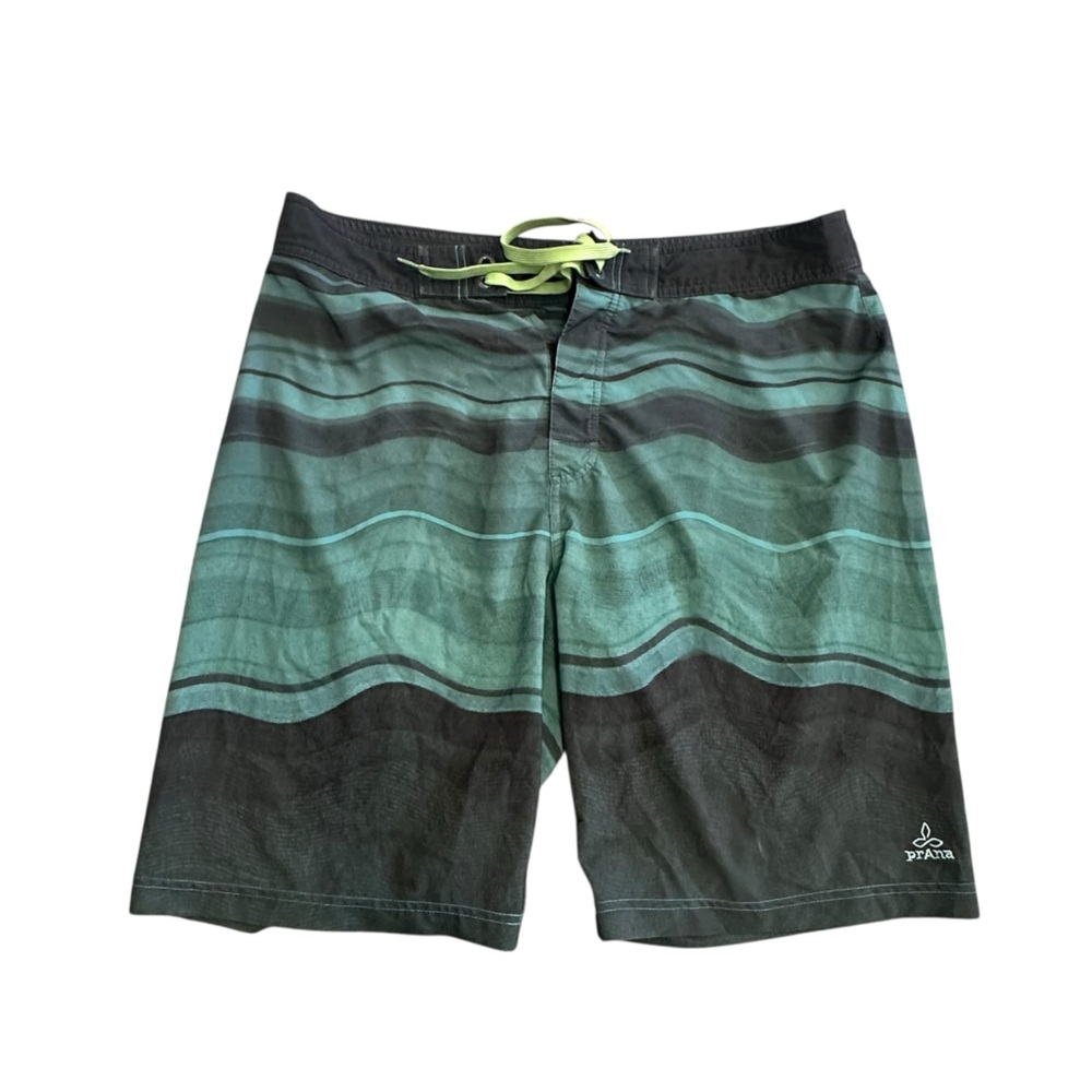 Prana Board Swim Shorts Green Black Stripes Size 36 Unlined